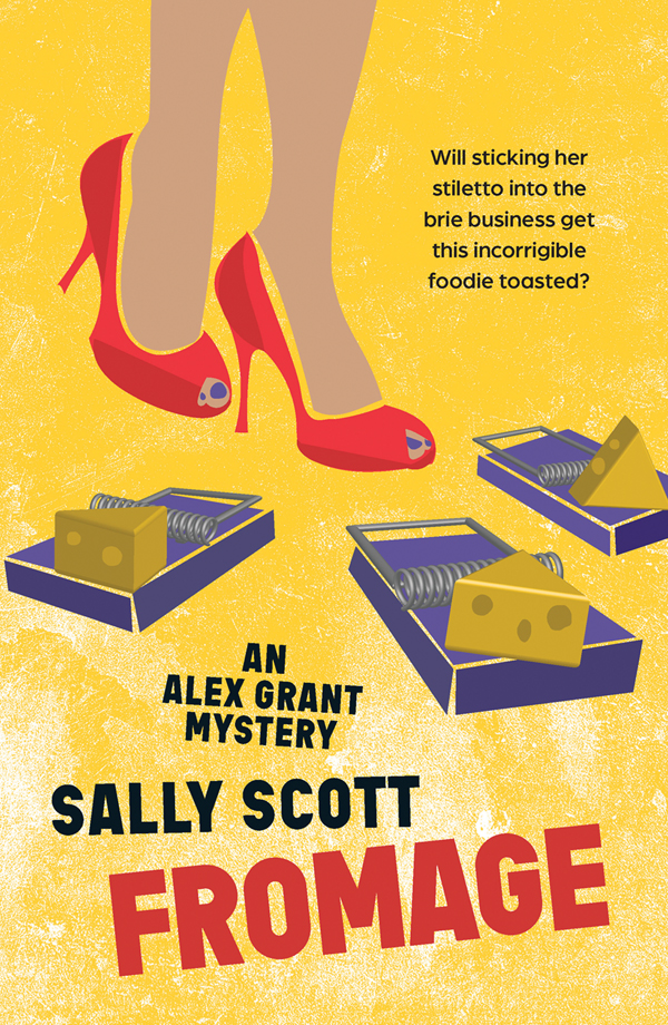 Fromage by Sally Scott book cover. A person wearing red high heels avoids mousetraps set with cheese. 